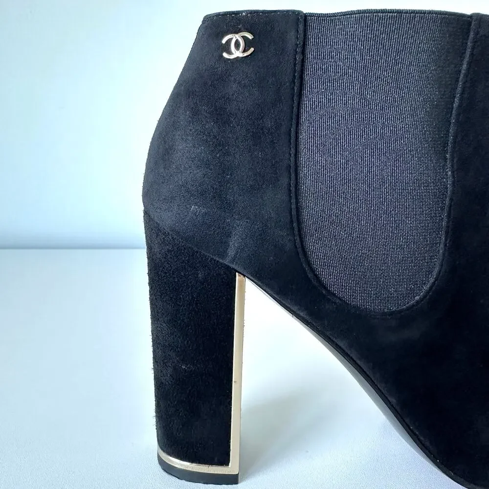 CHANEL Black Suede Gold Logo Chelsea Heel Ankle Boots IT 39.5